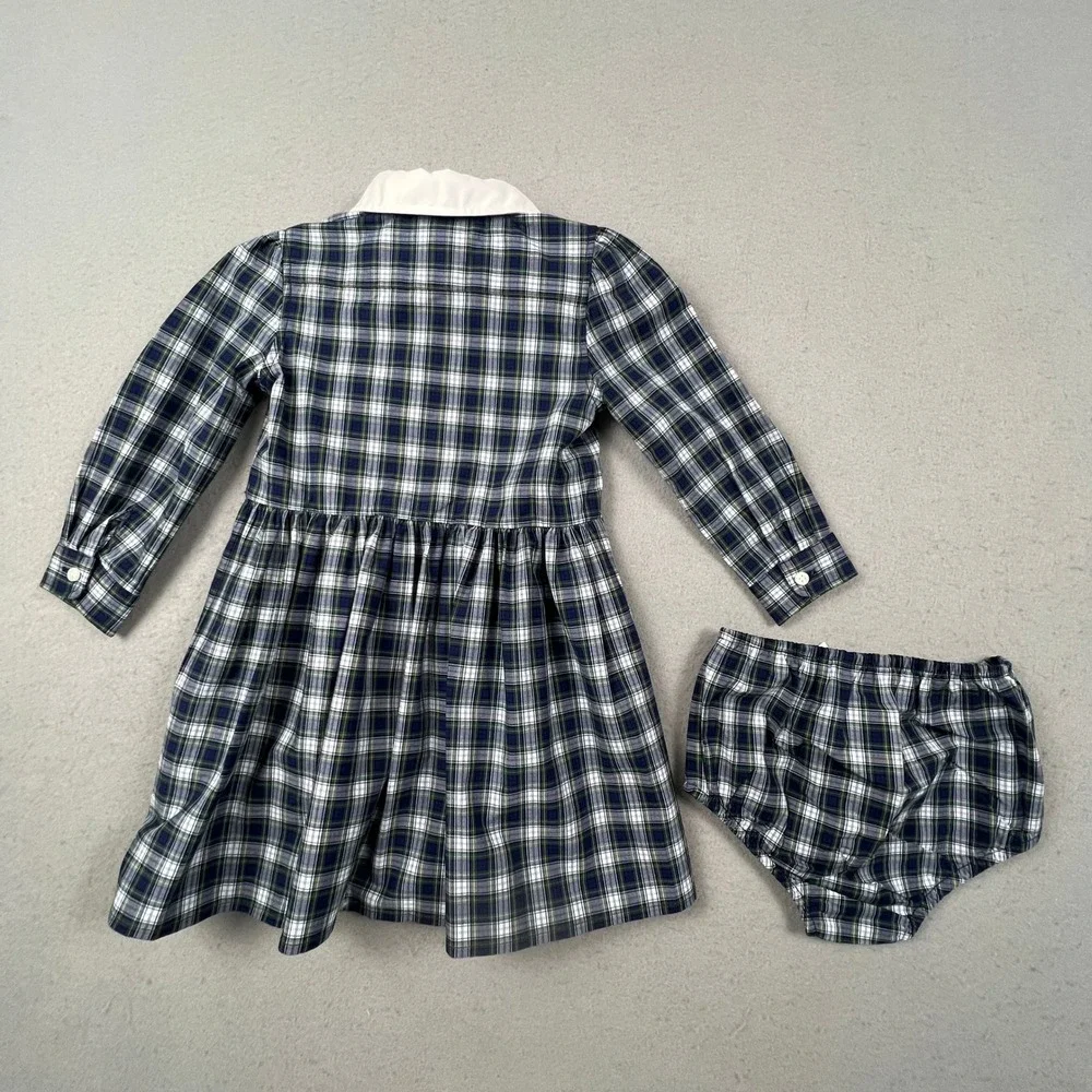 Ralph Lauren Plaid Dress Set Kids 18M Navy Green Ruffle Peter Pan Collar Preppy